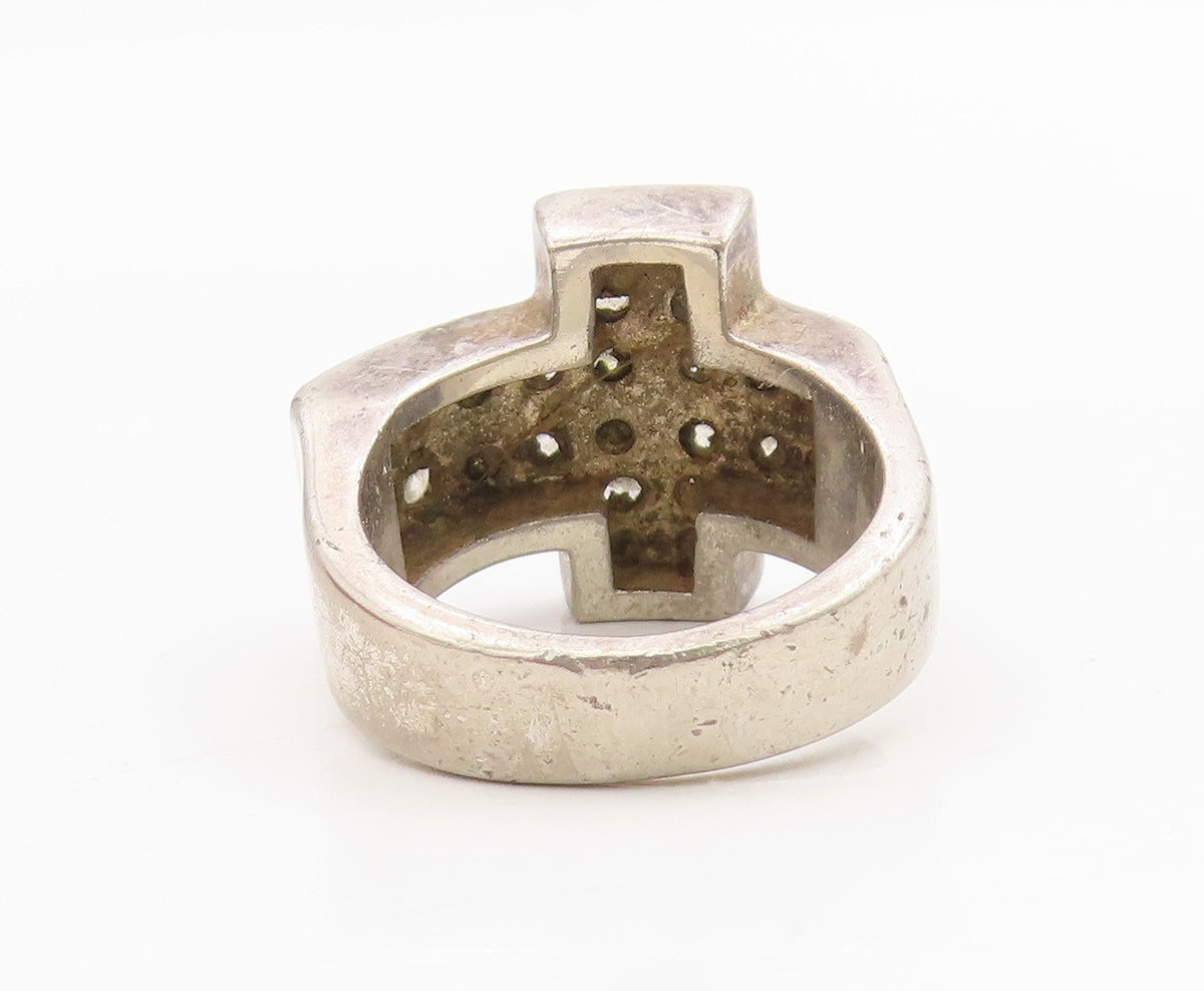 925 Sterling Silver Vintage Ring Round CZ Religious Cross Band  Sz 9.5  RG34336