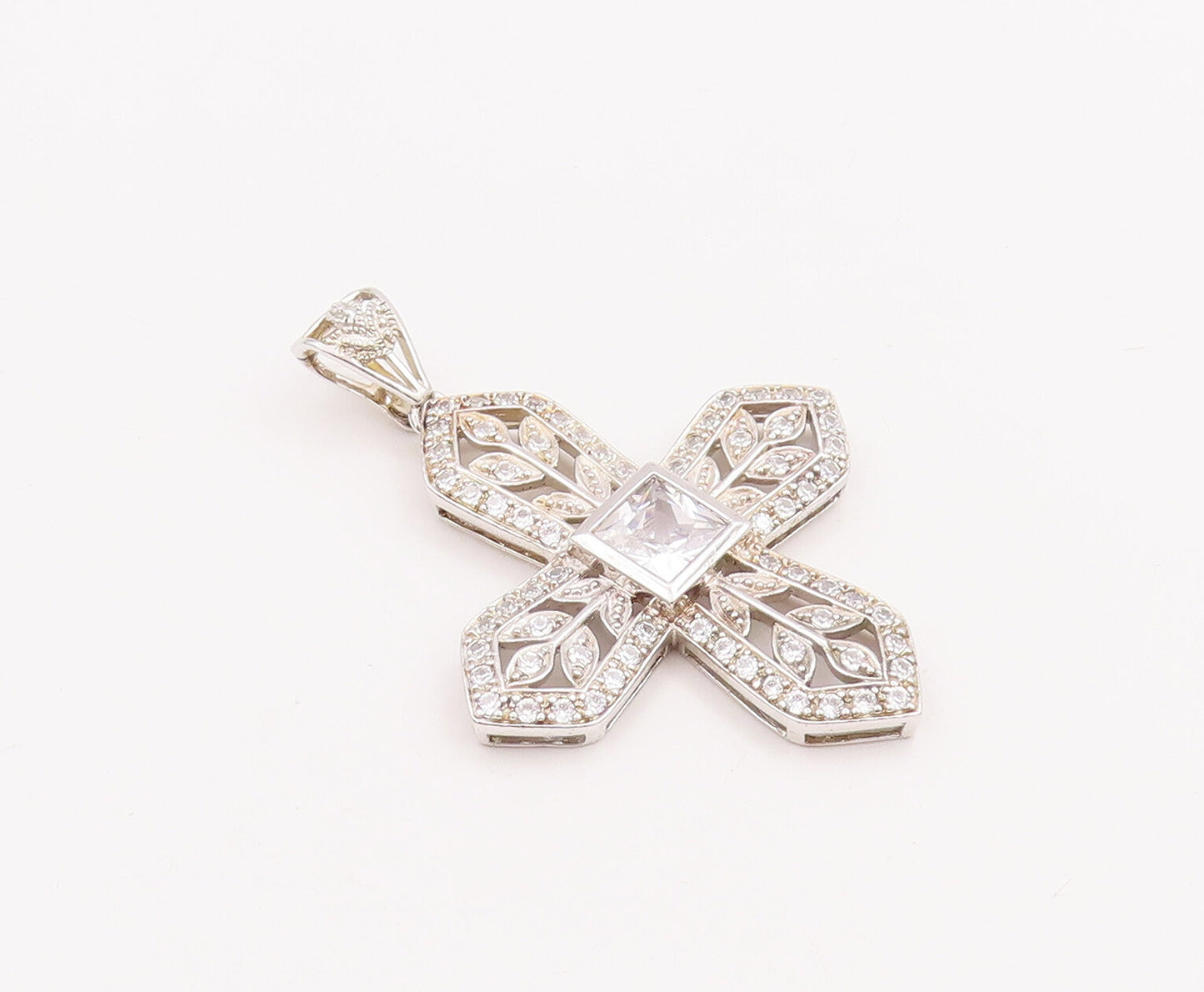 925 Sterling Silver Vintage Pendant CZ Beaded Floral Carved Cross "X"  PT22853