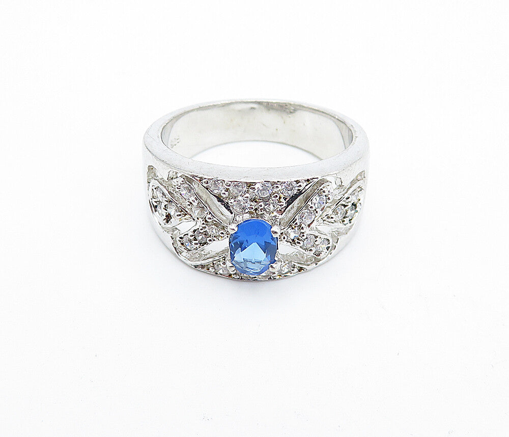925 Sterling Silver  Blue & White Topaz Solitaire Accent Ring Sz 8  RG4613