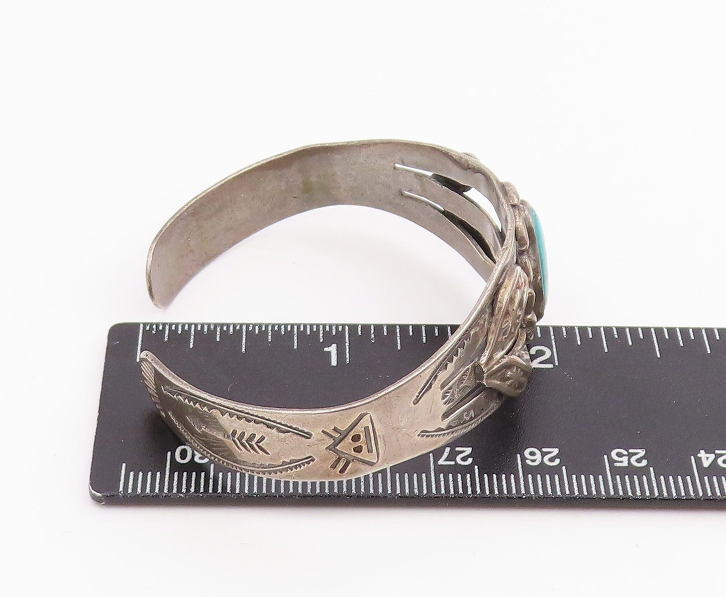 925 Sterling Silver Vintage Bracelet BELL NAVAJO Etched Turquoise Cuff  BT11966