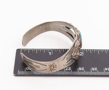 925 Sterling Silver Vintage Bracelet BELL NAVAJO Etched Turquoise Cuff  BT11966