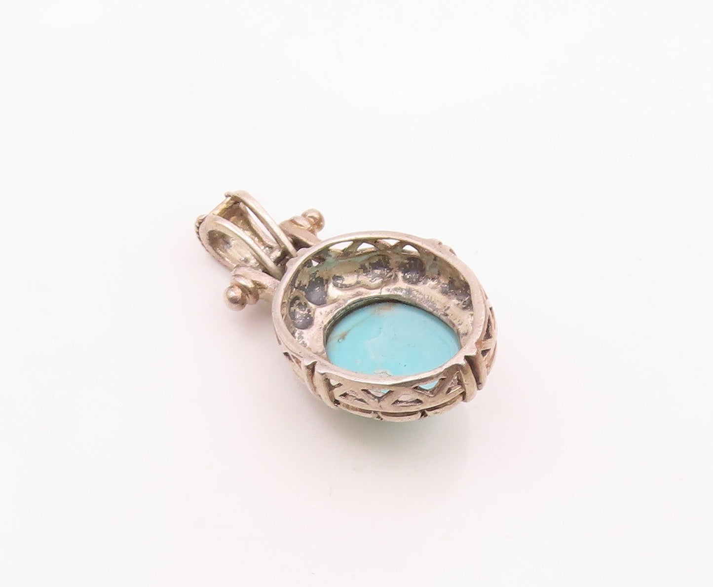 925 Silver  Vintage Rope Twist & Cobbled Edge Turquoise Drop Pendant  PT21510