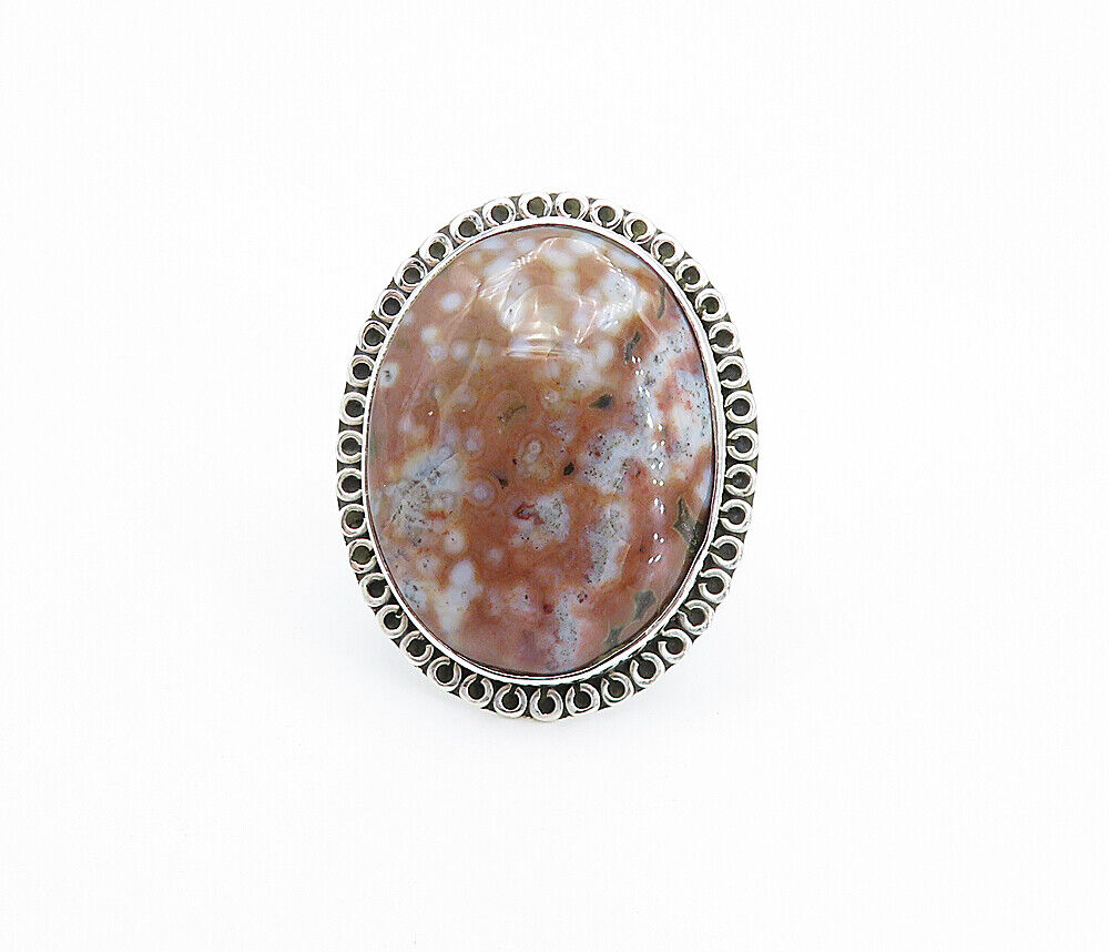 925 Sterling Silver  Jasper Shiny Swirl Border Cocktail Ring Sz 9  RG7997