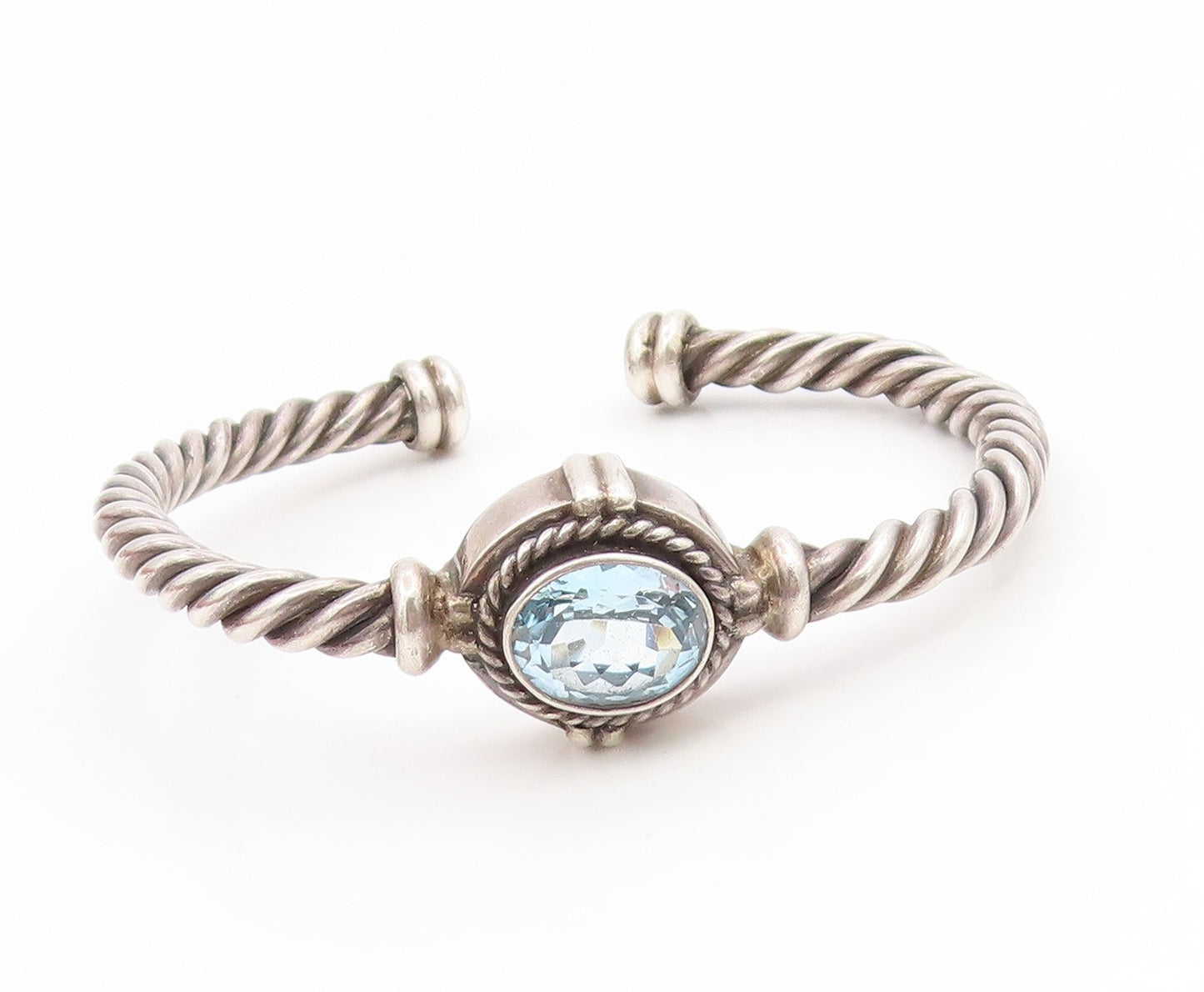 925 Sterling Silver Vintage Bracelet Faceted Topaz Elegant Twisted Cuff  BT11893