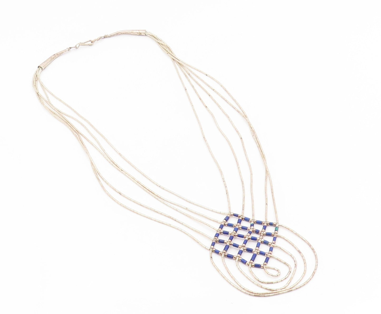 925 Sterling Silver Vintage Necklace Modernist Lapis Lazuli Beaded Net  NE4855