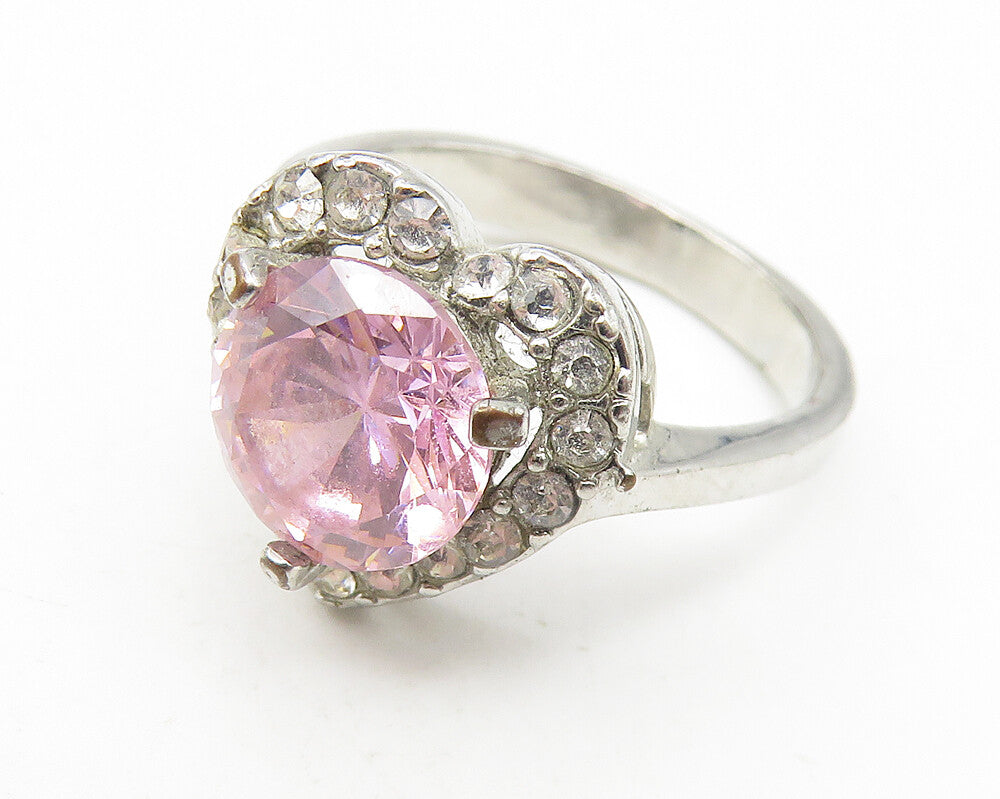 925 Sterling Silver  Pink Cubic Zirconia Heart Cocktail Ring Sz 6.25  RG10964