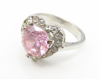 925 Sterling Silver  Pink Cubic Zirconia Heart Cocktail Ring Sz 6.25  RG10964