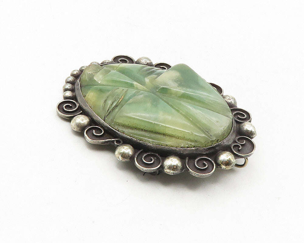 MEXICO 925 Sterling Silver  Vintage Antique Face Carved Jade Brooch Pin BP3848