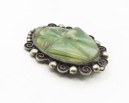 MEXICO 925 Sterling Silver  Vintage Antique Face Carved Jade Brooch Pin BP3848