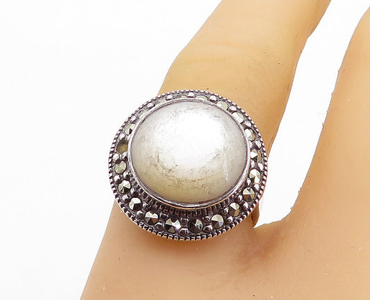 925 Silver  Vintage Mother Of Pearl & Marcasite Cocktail Ring Sz 7  RG5769