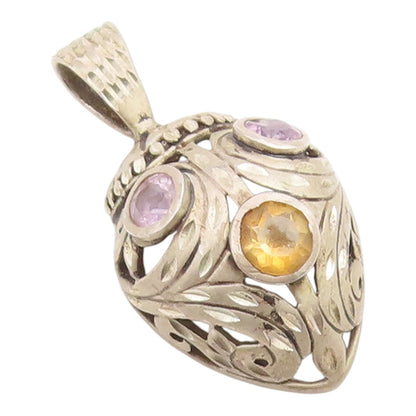 925 Sterling Silver Vintage Pendant Citrine & Amethyst Openwork Charm  PT26029