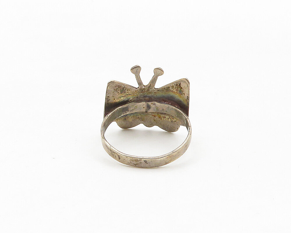 MEXICO 925 Silver Vintage Antique Turquoise Butterfly Band Ring Sz 7  RG17506