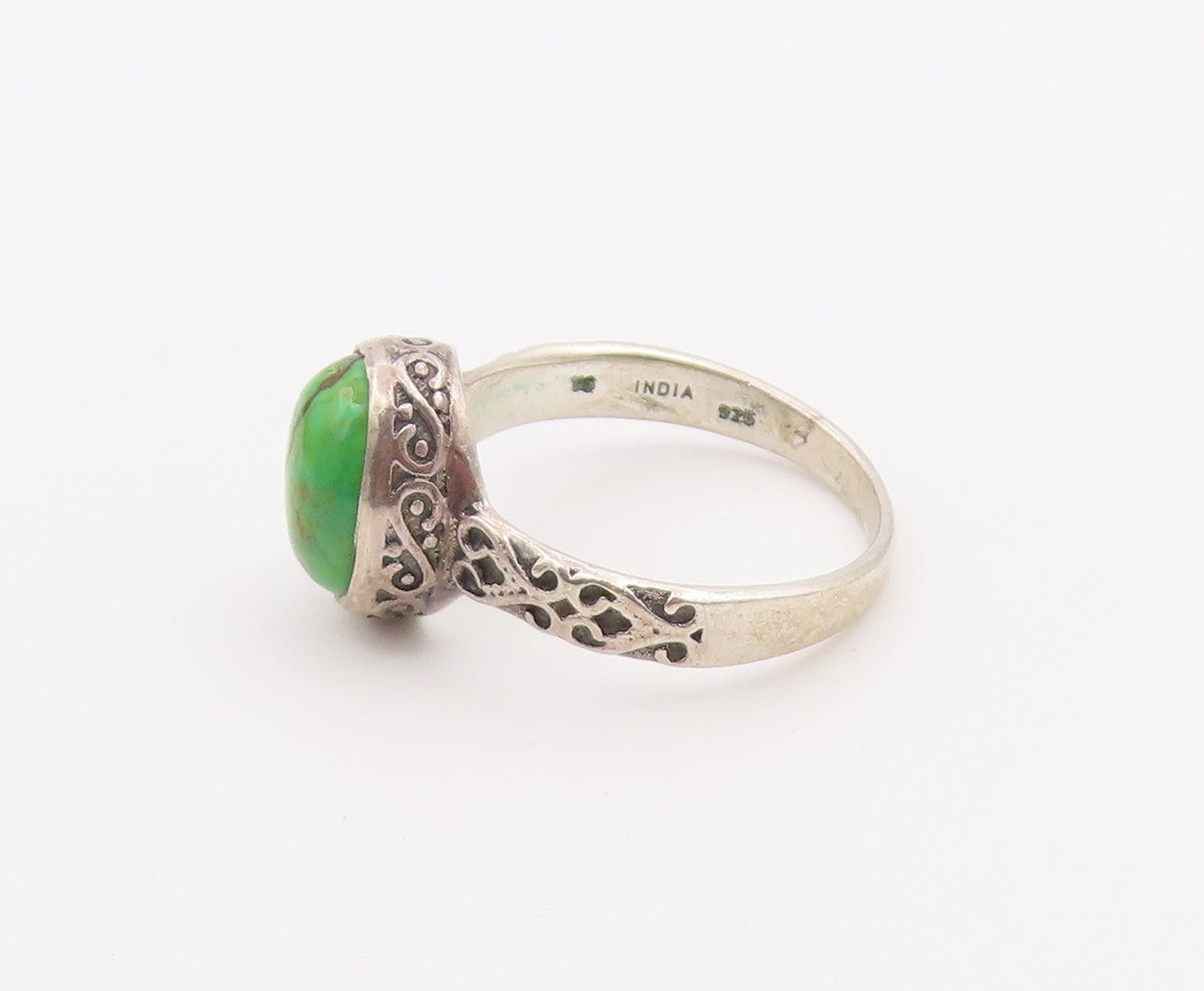 925 Sterling Silver Vintage Ring Cabochon Turquoise Scroll Band  Sz 7  RG36510