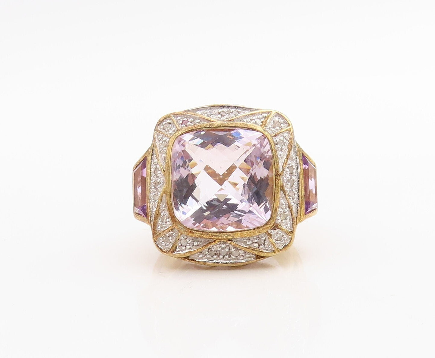 925 Sterling Silver Vintage Ring Gold Plated Diamonds & Amethyst  Sz 7.5 RG30626