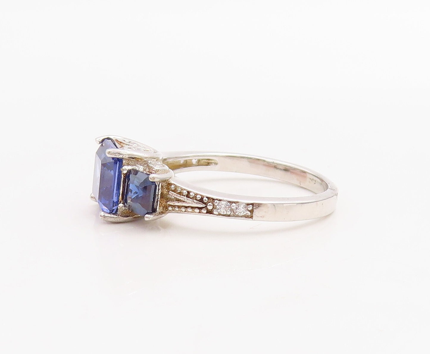925 Sterling Silver Vintage Ring Stackable Sapphire & CZ Inlay  Sz 7  RG30988