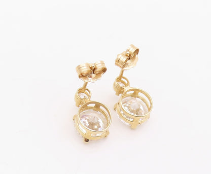 925 Sterling Silver Vintage Earrings Gold Plated Round Cut CZ 2 Stones  EG13416