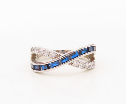 925 Sterling Silver Vintage Ring Rectangle Sapphire & CZ X Band  Sz 7  RG30417