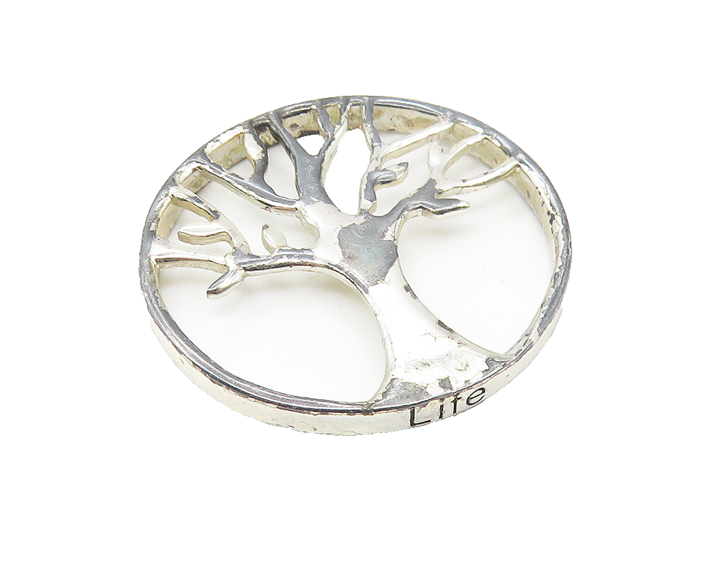 925 Sterling Silver  Vintage Shiny Round Tree Of Life Motif Pendant  PT8575