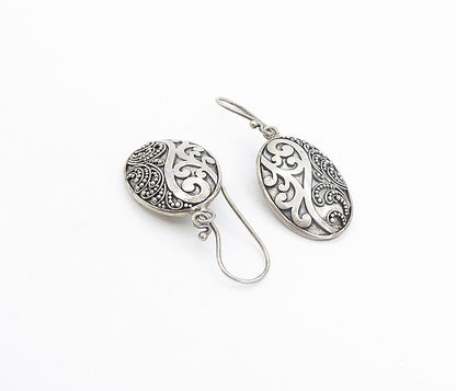 925 Sterling Silver  Vintage Dark Tone Swirl Dome Oval Dangle Earrings  EG3596