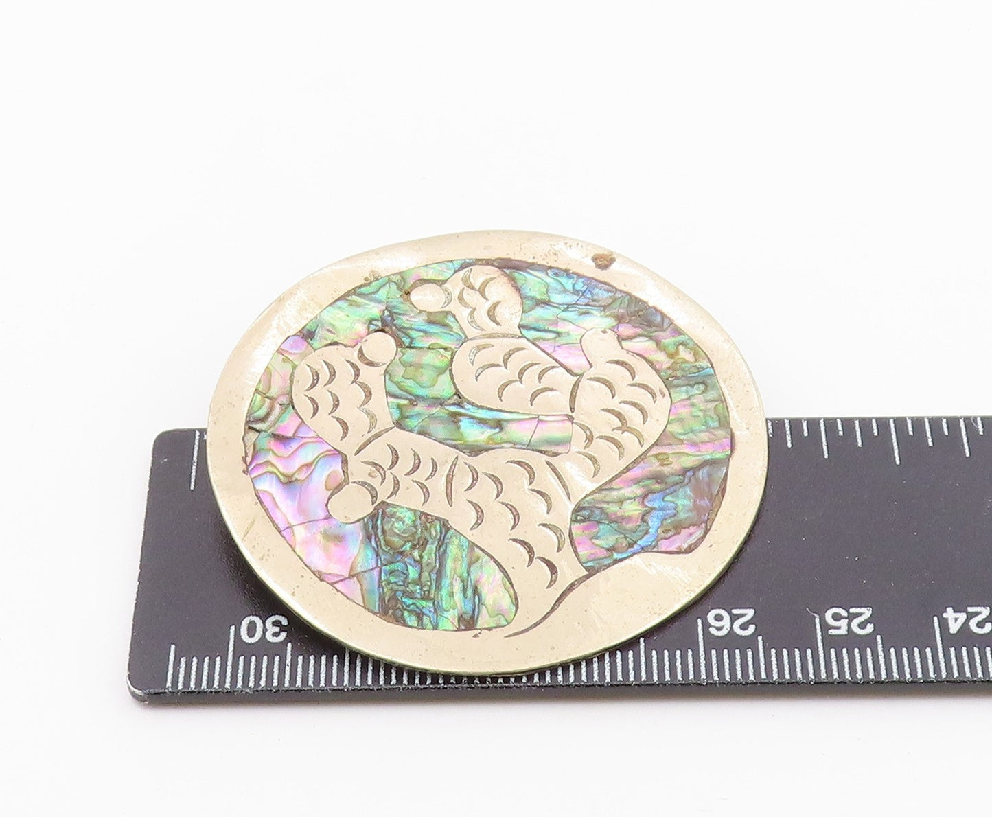 MEXICO 925 Sterling Silver  Vintage Abalone Etched Detail Brooch Pin  BP3485