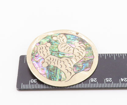 MEXICO 925 Sterling Silver  Vintage Abalone Etched Detail Brooch Pin  BP3485