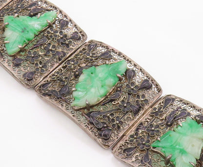 925 Sterling Silver Vintage Bracelet CHINESE EXPORT Jade Flora Filigree  BT12134
