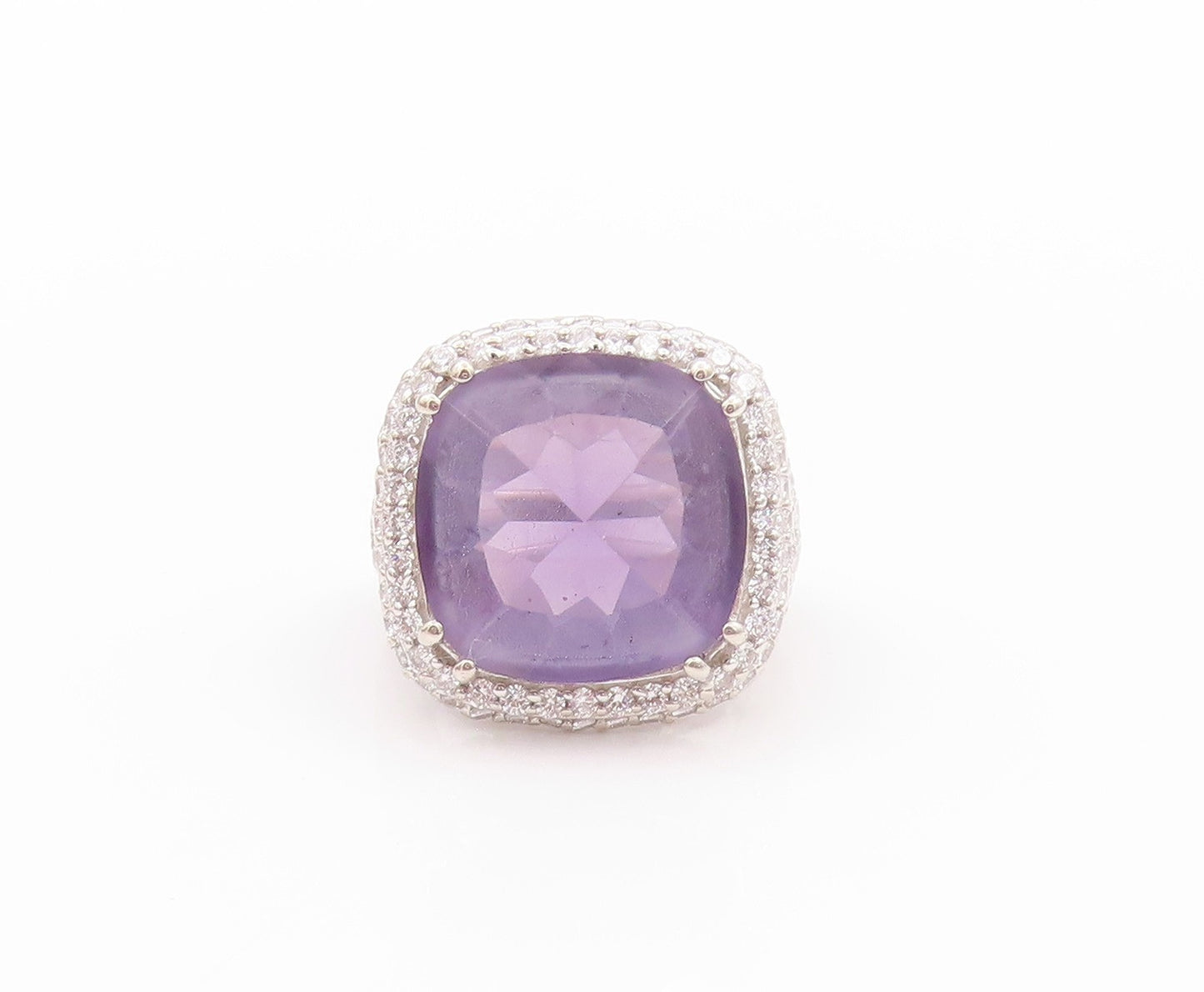 925 Sterling Silver Vintage Ring Square Amethyst Halo Topaz Inlay  Sz 6  RG32505