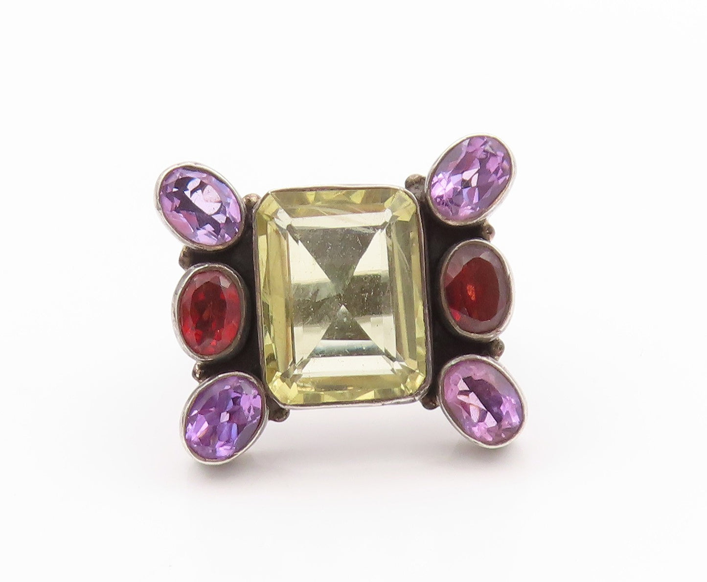 925 Sterling Silver Vintage Ring  Amethyst Garnet Citrine  Sz 8  RG32483