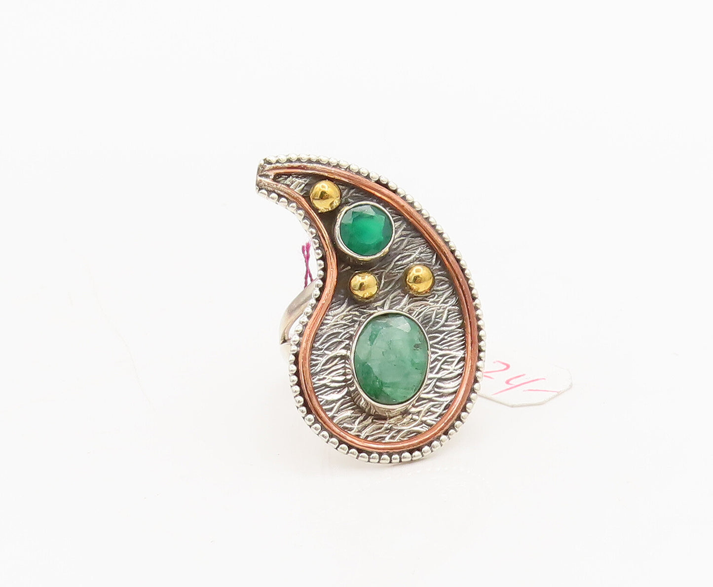 925 Sterling Silver  Vintage Pear Beaded Design Emerald Ring Sz 8.5  RG26963
