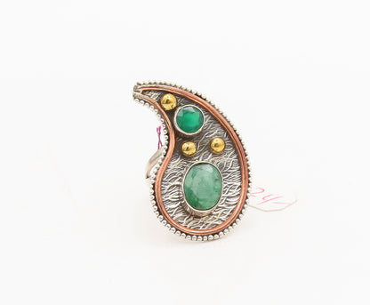 925 Sterling Silver  Vintage Pear Beaded Design Emerald Ring Sz 8.5  RG26963