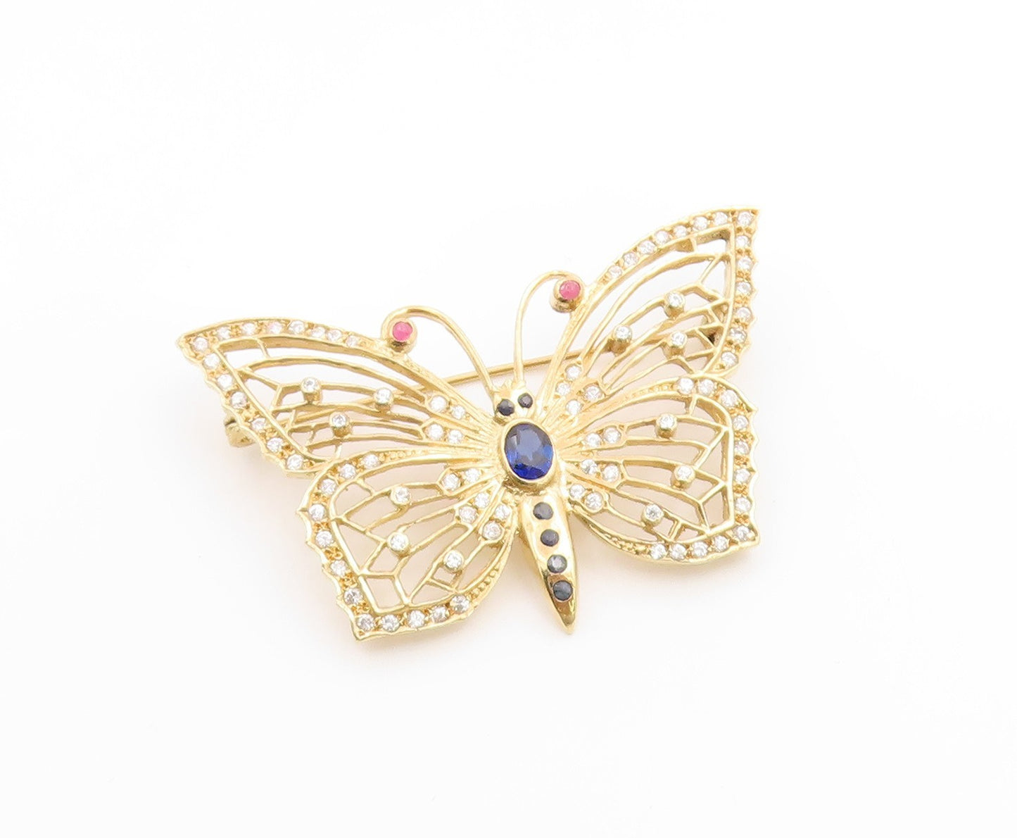 925 Sterling Silver Vintage Brooch Pin Gold Plated Sapphire Butterfly  BP12273