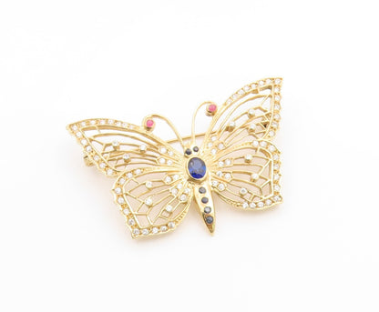 925 Sterling Silver Vintage Brooch Pin Gold Plated Sapphire Butterfly  BP12273