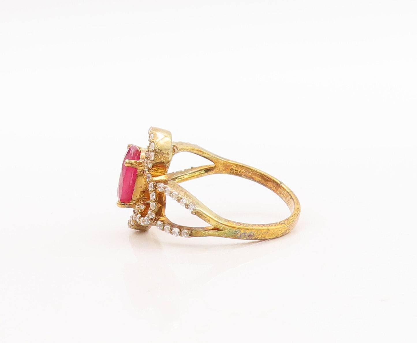 925 Sterling Silver Vintage Ring Gold Plated Pink & White CZ Flower Sz 7 RG29178