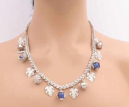 925 Sterling Silver Vintage Necklace Lapis Lazuli Beads Botanical Charm  NE4779