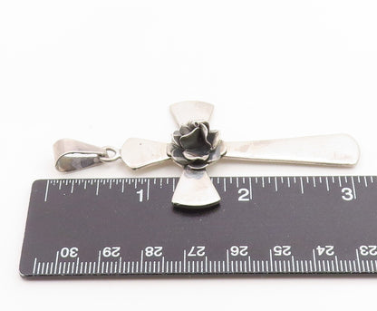 925 Sterling Silver Vintage Pendant MEXICO Carved Rose Religious Cross  PT26300
