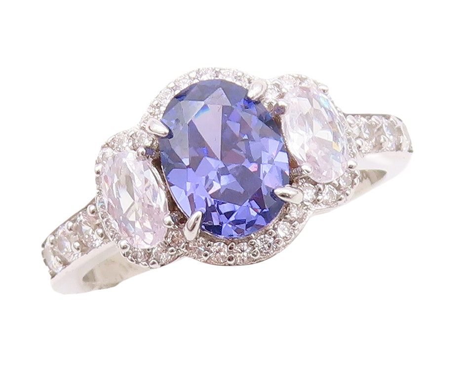 925 Sterling Silver Vintage Ring Oval Cut Tanzanite & CZ Inlay  Sz 7  RG30454
