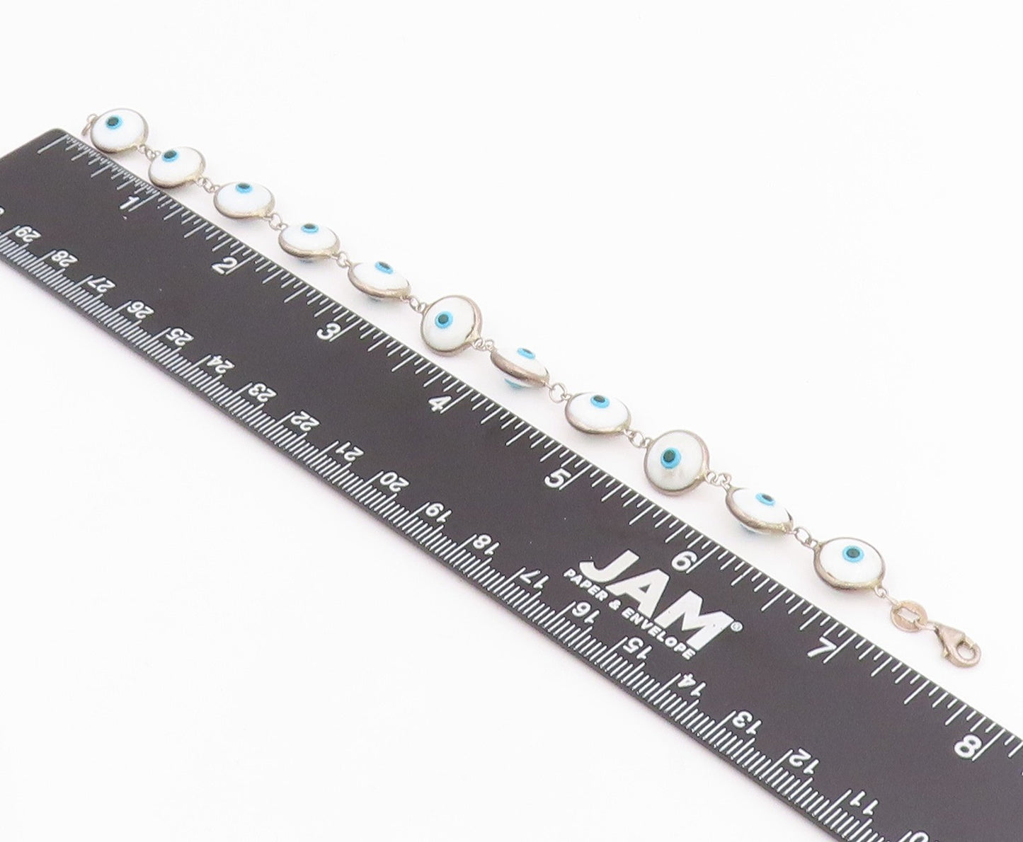 925 Sterling Silver Vintage Bracelet White Evil Eye Enamel Bead Link  BT11821