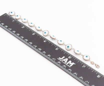 925 Sterling Silver Vintage Bracelet White Evil Eye Enamel Bead Link  BT11821