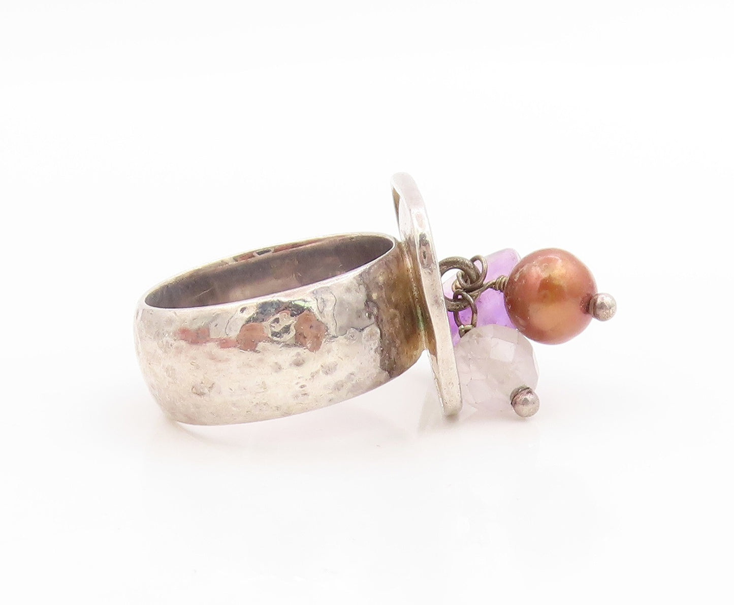 925 Sterling Silver Vintage Ring ISRAEL Amethyst & Pearl Band  Sz 7  RG34061