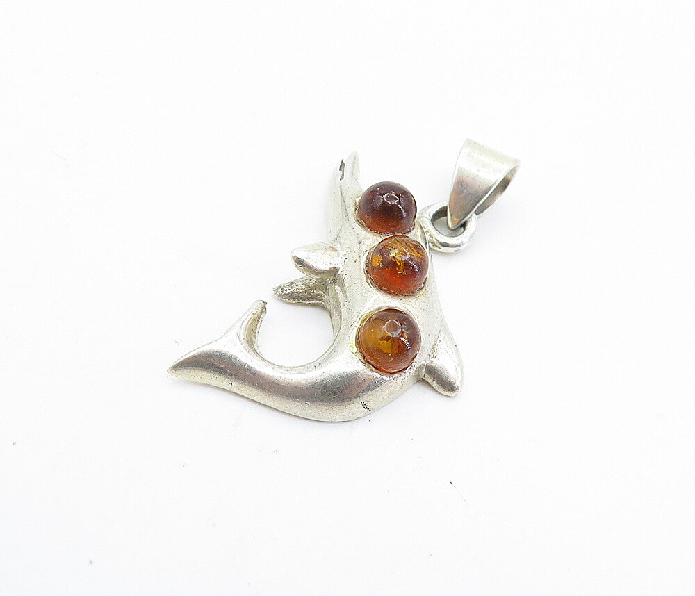 925 Sterling Silver Vintage Petite Amber Dolphin 3 Stone Drop Pendant PT5513
