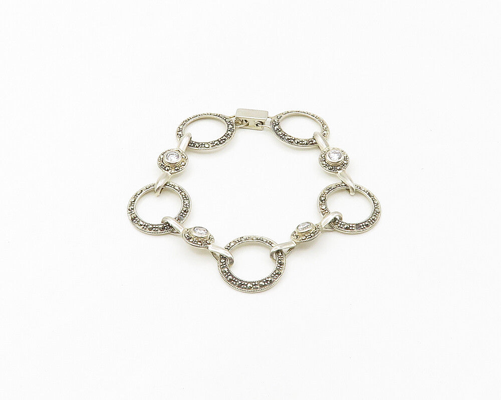 925 Sterling Silver  Shiny Cubic Zirconia & Marcasite Chain Bracelet  BT6827