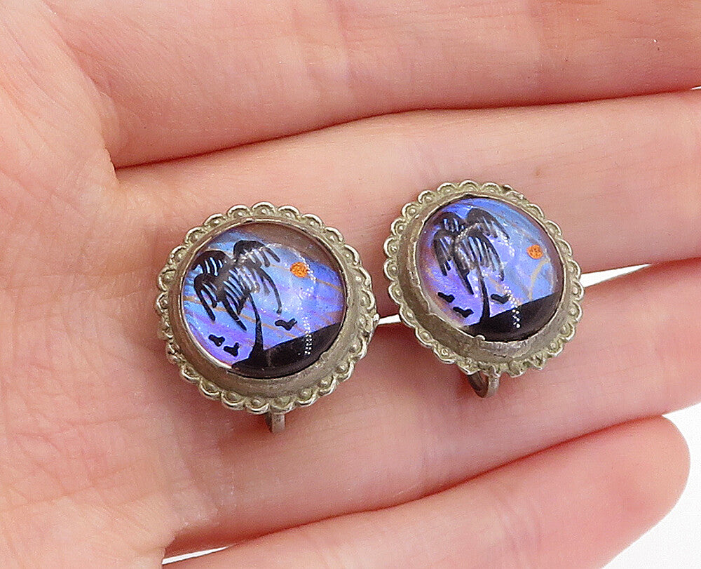 925 Sterling Silver Vintage Island Scene Glass Art Non Pierce Earrings EG2213