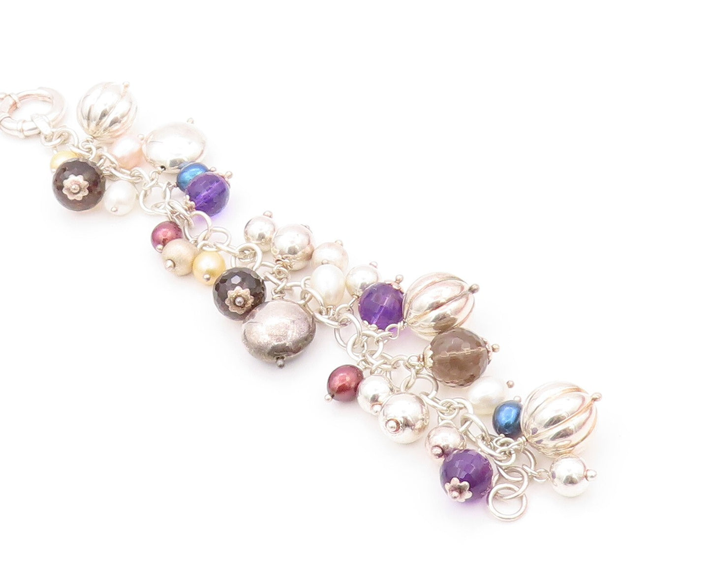925 Sterling Silver Vintage Bracelet Designer Pearls Amethyst Gemstones  BT11155