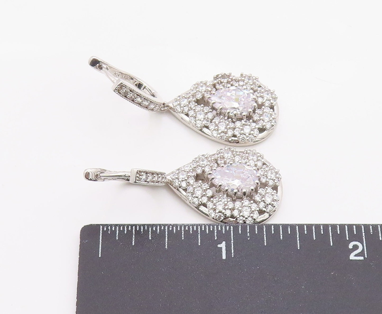 925 Sterling Silver Vintage Earrings Dazzling CZ Halo Teardrop Cluster  EG14376