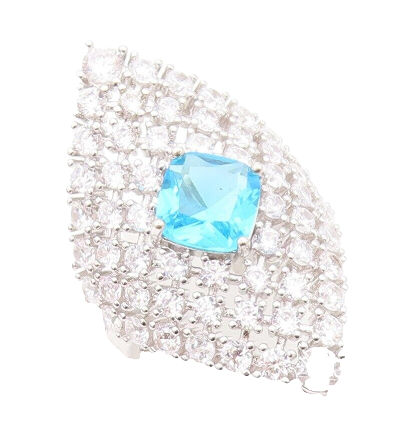 925 Sterling Silver Vintage Ring Designer Large Blue & White CZ  Sz 7 RG30505