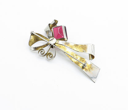 925 Sterling Silver  Vintage Pink Topaz Bow Tied Ribbon Brooch Pin  BP2596