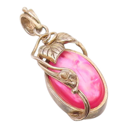 925 Sterling Silver  Vintage Floral Vine Wrapped Pink Stone Pendant  PT7836