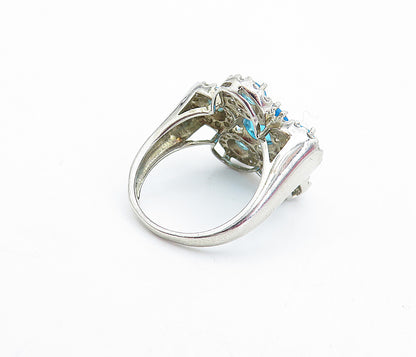 925 Sterling Silver Blue & White Topaz Floral Cocktail Ring Sz 8 RG4113