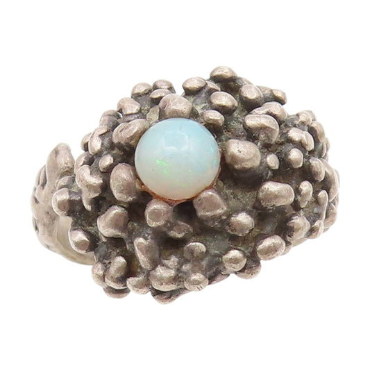 925 Sterling Silver Vintage Ring Cabochon Opal Brutalist Design  Sz 7  RG34428