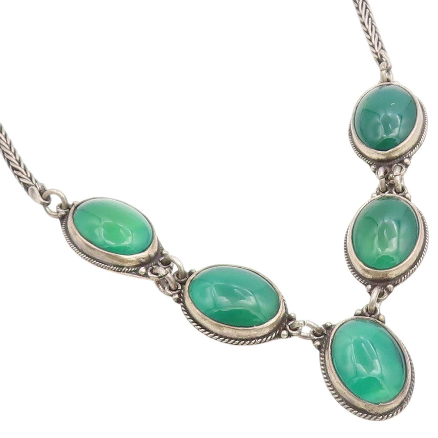 925 Sterling Silver Vintage Necklace Green Chalcedony Statement Chain  NE4911